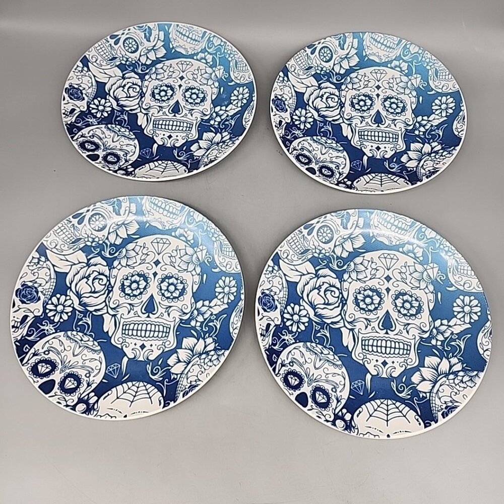 Bread+Butter Halloween Day Of The Dead Sugar Skull Salad Plates Blue White Set 4